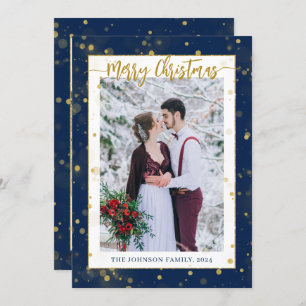 Blue Gold Sparkle Merry Christmas 2 Photo Holiday Card