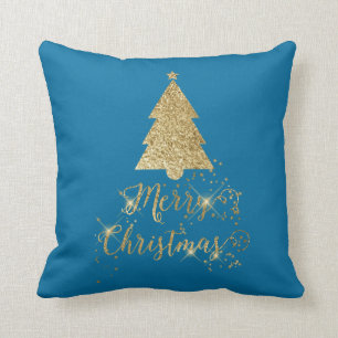 Blue Gold Sparkle Merry Christmas Tree Cushion