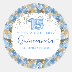 Blue Gold Sparkle Quinceañera Balloon Classic Round Sticker