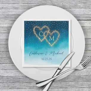 Blue & Gold Sparkles Monogram Watercolor Ombre  Napkin