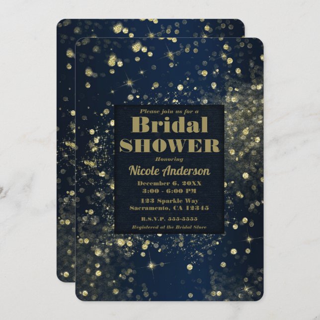 Blue & Gold Sparkling Lights Glam Bridal Shower Invitation (Front/Back)
