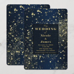 Blue & Gold Sparkling Lights Glam Chic Wedding Invitation
