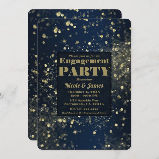 Blue & Gold Sparkling Lights Glam Engagement Invitation (Front/Back)