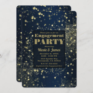 Blue & Gold Sparkling Lights Glam Engagement Invitation