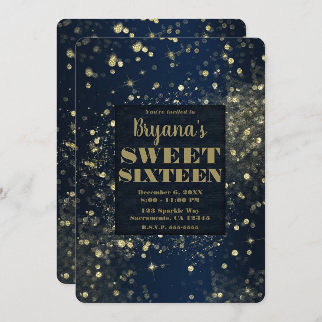 Blue & Gold Sparkling Lights Glam Sweet 16 Party Invitation (Front/Back)