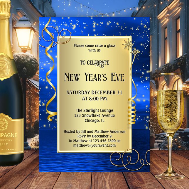Blue Gold Sparkling New Year's Eve Invitation (Festive gold on indigo blue sparkling modern New Year's Eve party invitation)