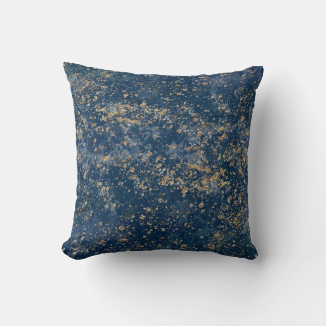 Blue & Gold Splatter Glam Modern Cushion (Front)