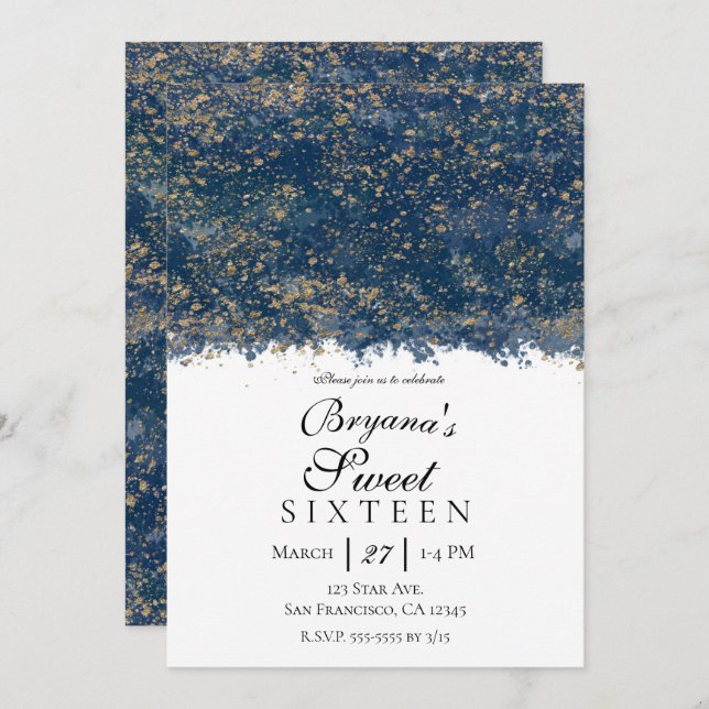 Blue Gold Splatter Modern Glam Sweet 16 Party Invitation (Front/Back)