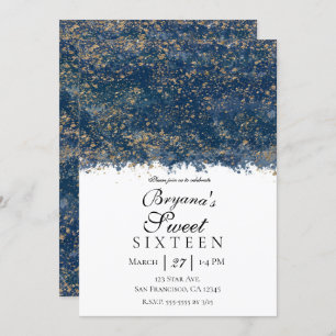 Blue Gold Splatter Modern Glam Sweet 16 Party Invitation