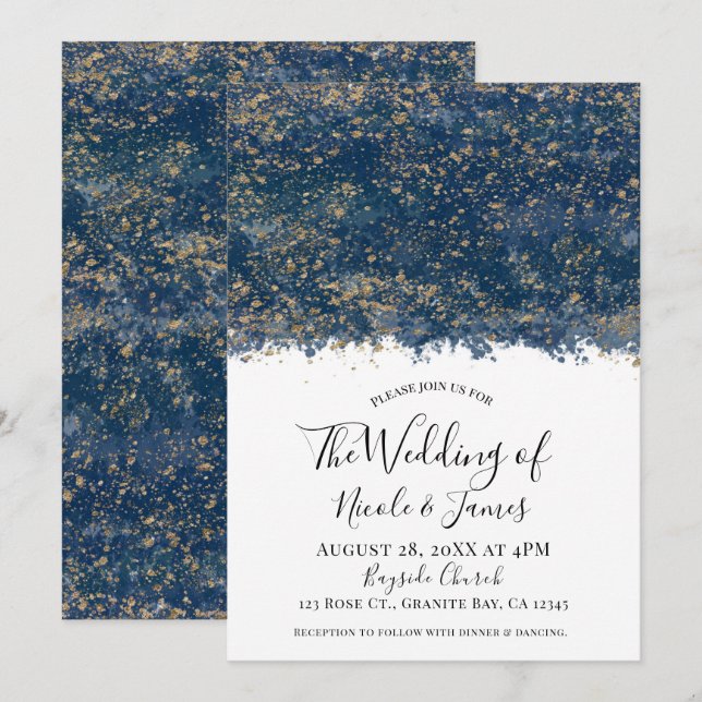 Blue Gold Splatter Modern Glam Wedding Marriage Invitation (Front/Back)
