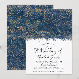 Blue Gold Splatter Modern Glam Wedding Marriage Invitation