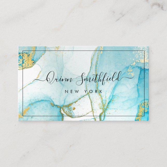 Blue Gold Splatter Watercolor Business Card (Front)