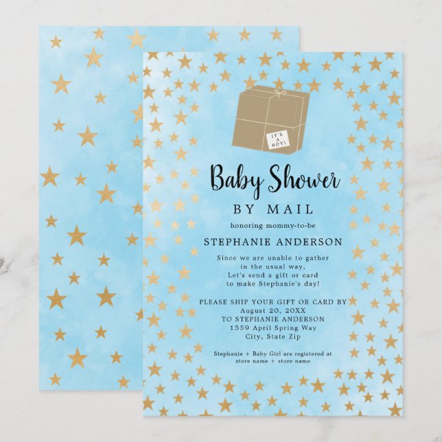 Blue Gold Star Boy Baby Shower by mail Invitation (Front/Back)