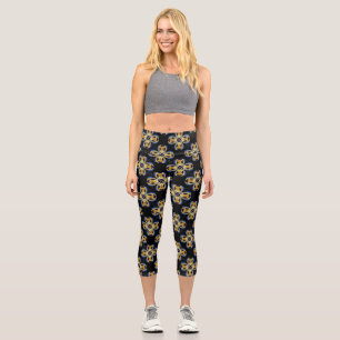 Blue gold star endless pattern capri leggings
