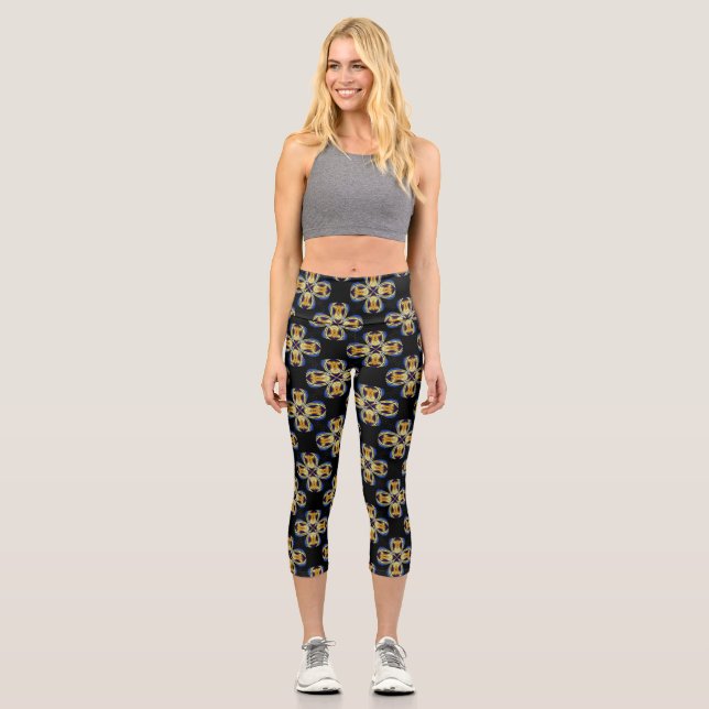 Blue gold star endless pattern capri leggings (Front)