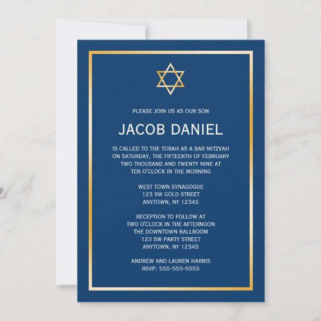 Blue Gold Star of David Bar Mitzvah Invitations (Front)