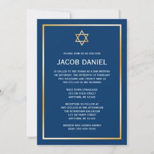 Blue Gold Star of David Bar Mitzvah Invitations