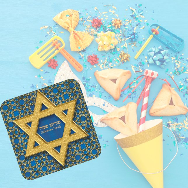 Blue Gold Star of David Hebrew Happy Purim Square Sticker (Creator Uploaded)