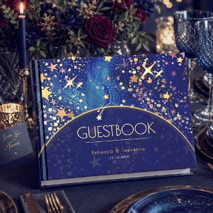 Blue gold starry night celestial magical wedding guest book