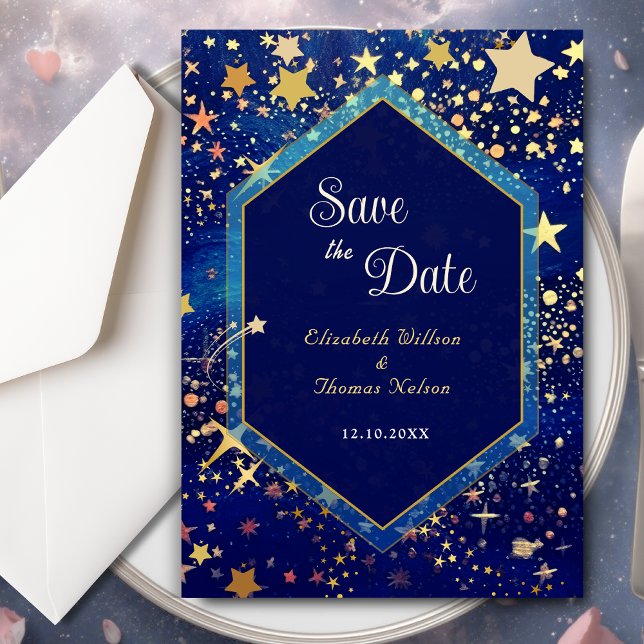 Blue gold starry night celestial magical wedding save the date (Creator Uploaded)