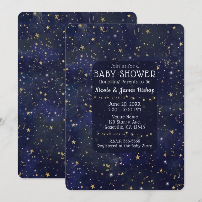 Blue & Gold Starry Night Sky Celestial Baby Shower Invitation (Front/Back)