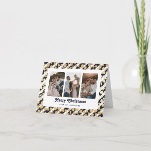 Blue Gold Stars 3 Photo Merry Christmas Card