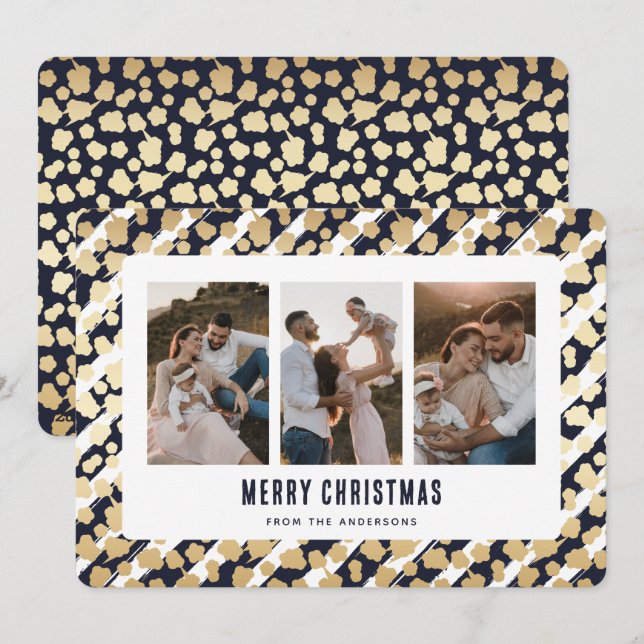Blue Gold Stars 3 Photo Merry Christmas Card (Front/Back)