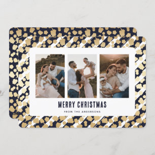 Blue Gold Stars 3 Photo Merry Christmas Card