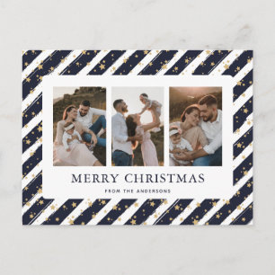 Blue Gold Stars 3 Photo Merry Christmas Holiday Postcard