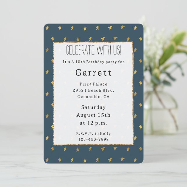 Blue Gold Stars Birthday Invitation (Standing Front)