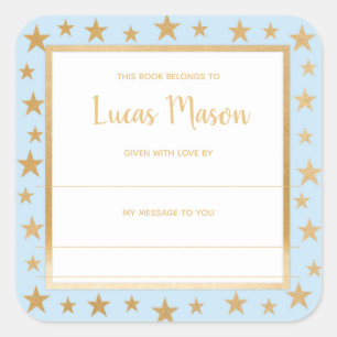 Blue gold stars boy baby shower bookplate square sticker
