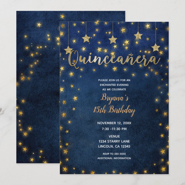 Blue & Gold Stars Celestial Sky Quinceañera Party Invitation (Front/Back)