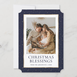Blue Gold Stars Christmas Blessings Photo Holiday Card