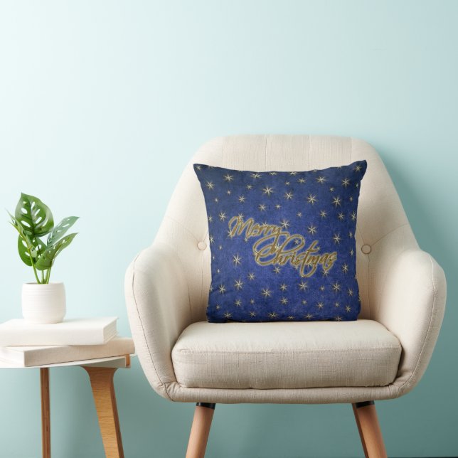 Blue Gold Stars Christmas Pillow (Chair)