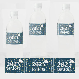 Blue Gold Stars Class of 2024 Senior Graduation Water Bottle Label