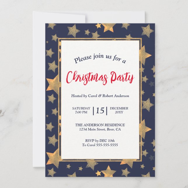 Blue Gold Stars Elegant Vintage Christmas Party Invitation (Front)