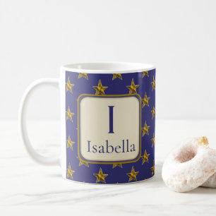 Blue Gold Stars First Name Monogram Initial  Coffee Mug