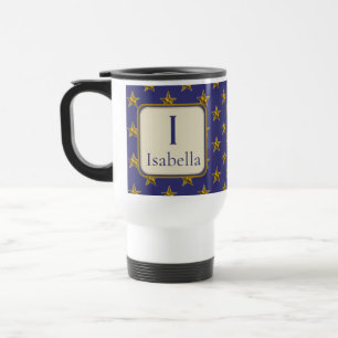 Blue Gold Stars First Name Monogram Initial Travel Mug