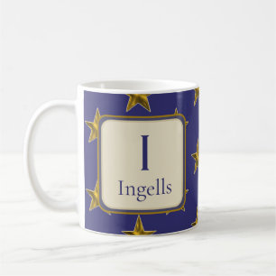 Blue Gold Stars Last Name Monogram Initial  Coffee Mug