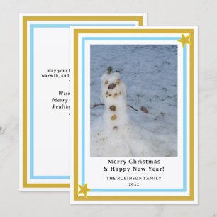 Blue Gold Stars Little Snowman Holiday Card