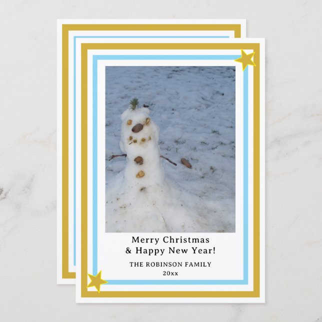 Blue Gold Stars Little Snowman INSERT PHOTO Holiday Card (Front/Back)