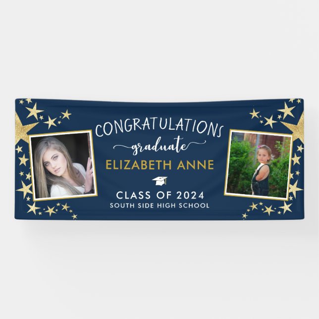 Blue & Gold Stars Photo Congratulations Graduate Banner (Horizontal)