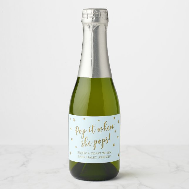 Blue & Gold Stars Pop It When She Pops Baby Shower Sparkling Wine Label (Front)