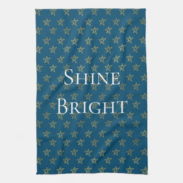 Blue Gold Stars Shine Bright Tea Towel (Vertical)