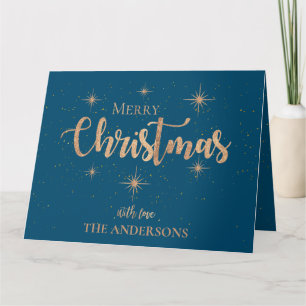 Blue Gold Stars Typography Name Merry Christmas Card