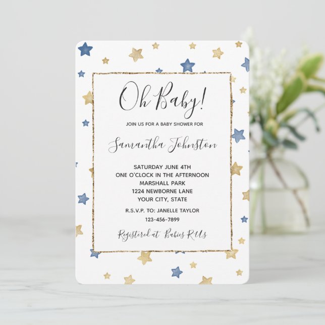 Blue Gold Stars White Baby Shower Invitation (Standing Front)