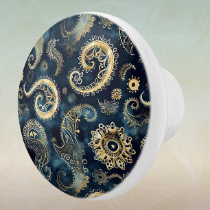 Blue Gold Steampunk Gears Paisley Elegant Ceramic Knob