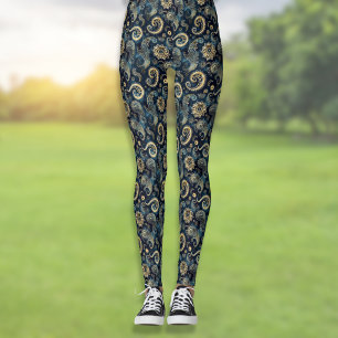 Blue Gold Steampunk Gears Paisley Elegant Leggings