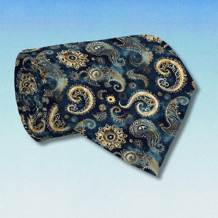 Blue Gold Steampunk Gears Paisley Elegant Tie