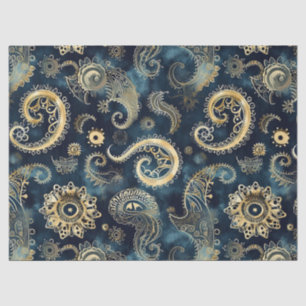 Blue Gold Steampunk Gears Paisley Elegant Tissue Paper
